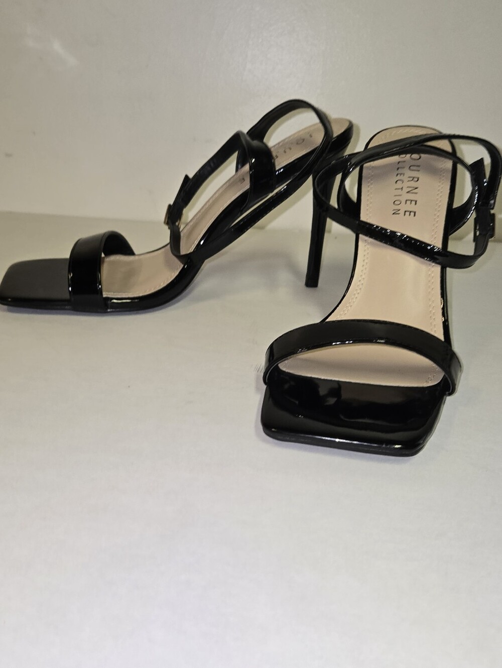 Journee Collection Black Patent Square-Toe Stiletto Sandals